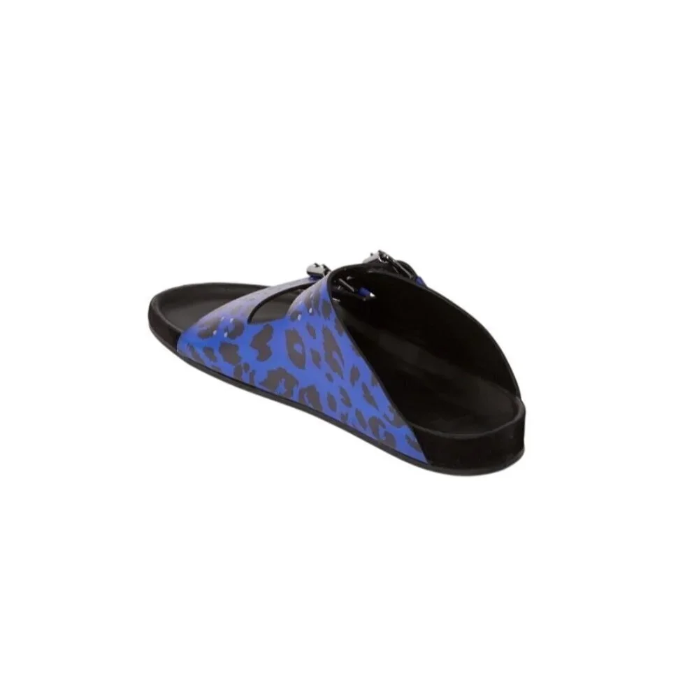 Blue Leopard-Print Leather Sandals With Adjustable Buckles & Stud Details By The